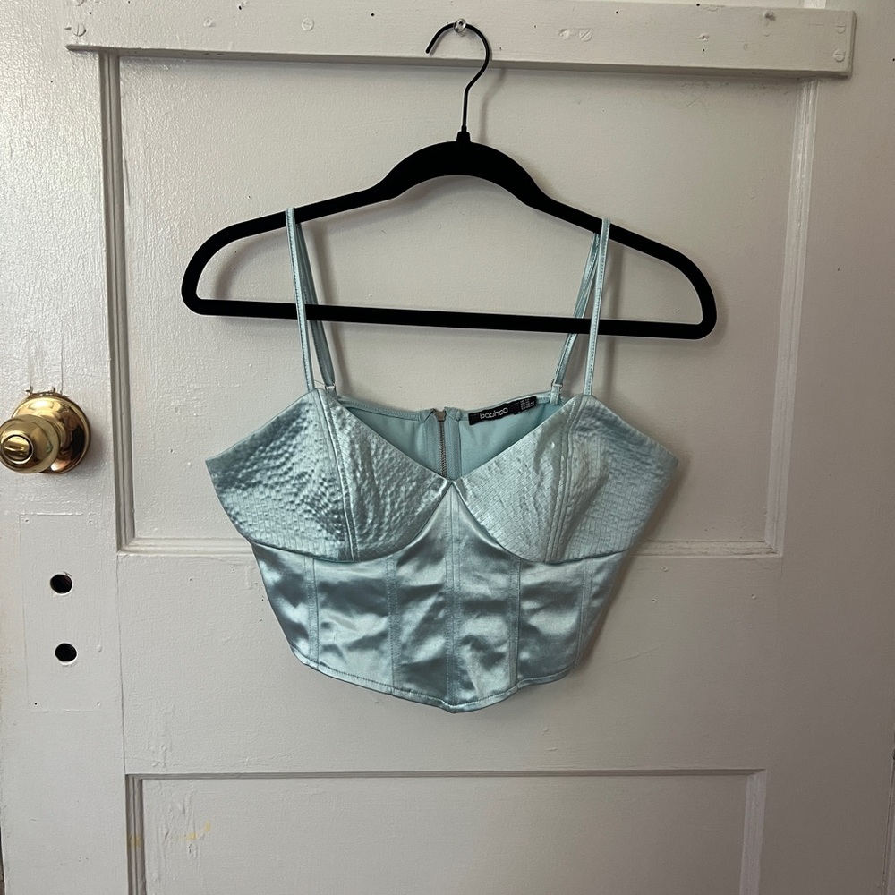 Boohoo Satin Light Blue Crop Top Top